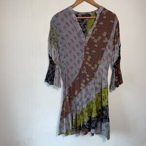 Young Threads Small Patchwork Tunic Babydoll Dress V Neck Festival Boho Hippie